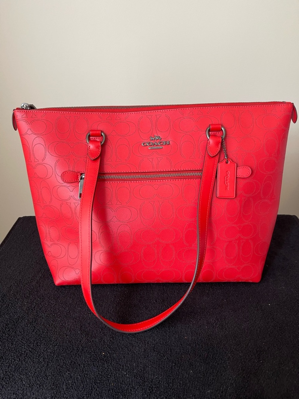 Coach Red Embossed Logo Tote with Front Zip Pocket - Picture 1 of 10